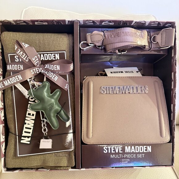 NIB STEVE MADDEN EVELYN BAG SCARF CHARM BOX GIFT SET MUSHROOM $154 - Picture 1 of 5